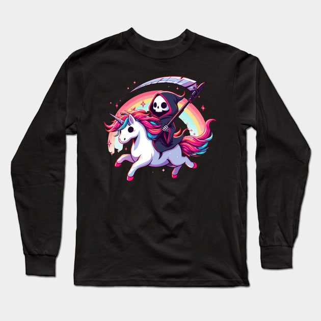 Grim Reaper Death Riding Rainbow Unicorn Long Sleeve T-Shirt by TomFrontierArt